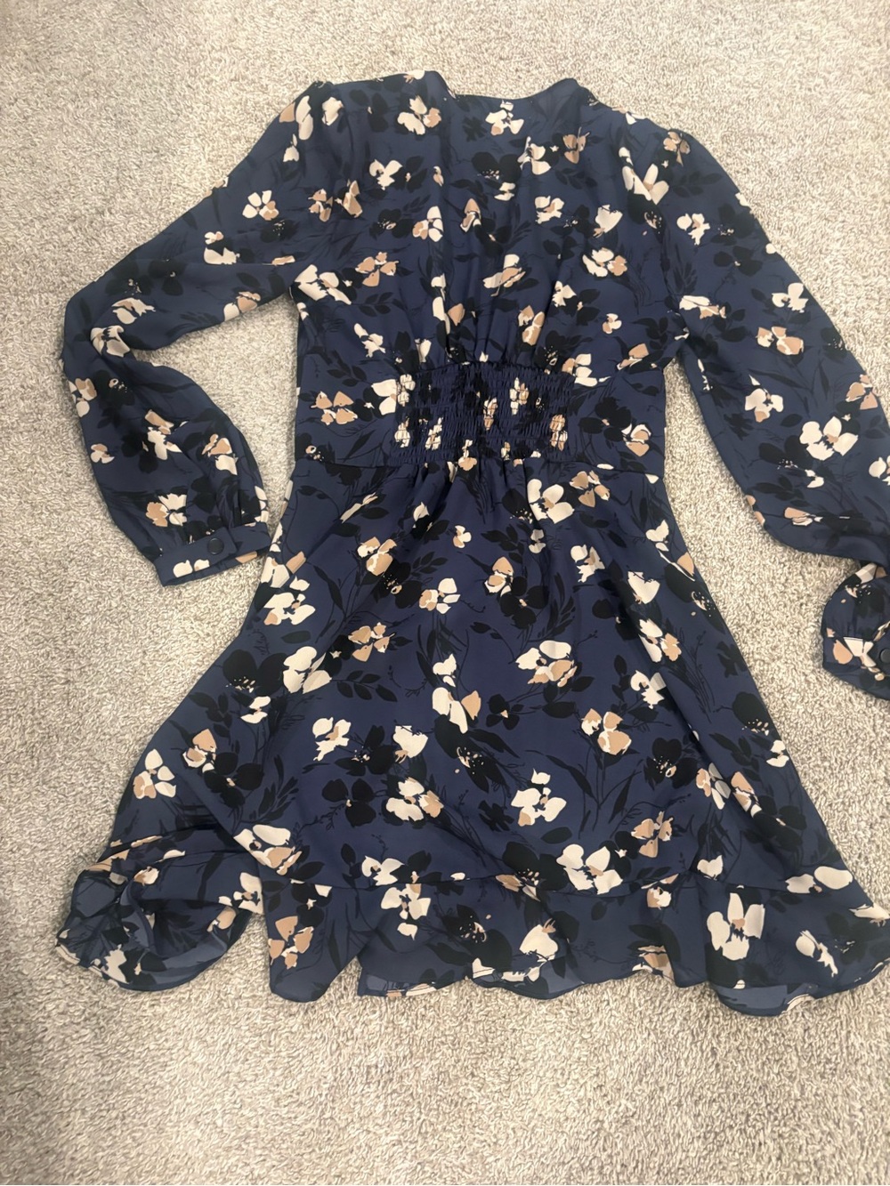 Native Chic Navy Floral Dress Shoulder Pads Smocked Waist Fall Festival Midi - Picture 2 of 6
